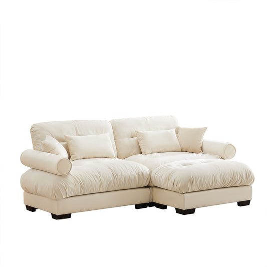 Modern Sectional Sofa With Ottoman, Round Bolster Armrests, Waist And Throw Pillows - Snoozhouse