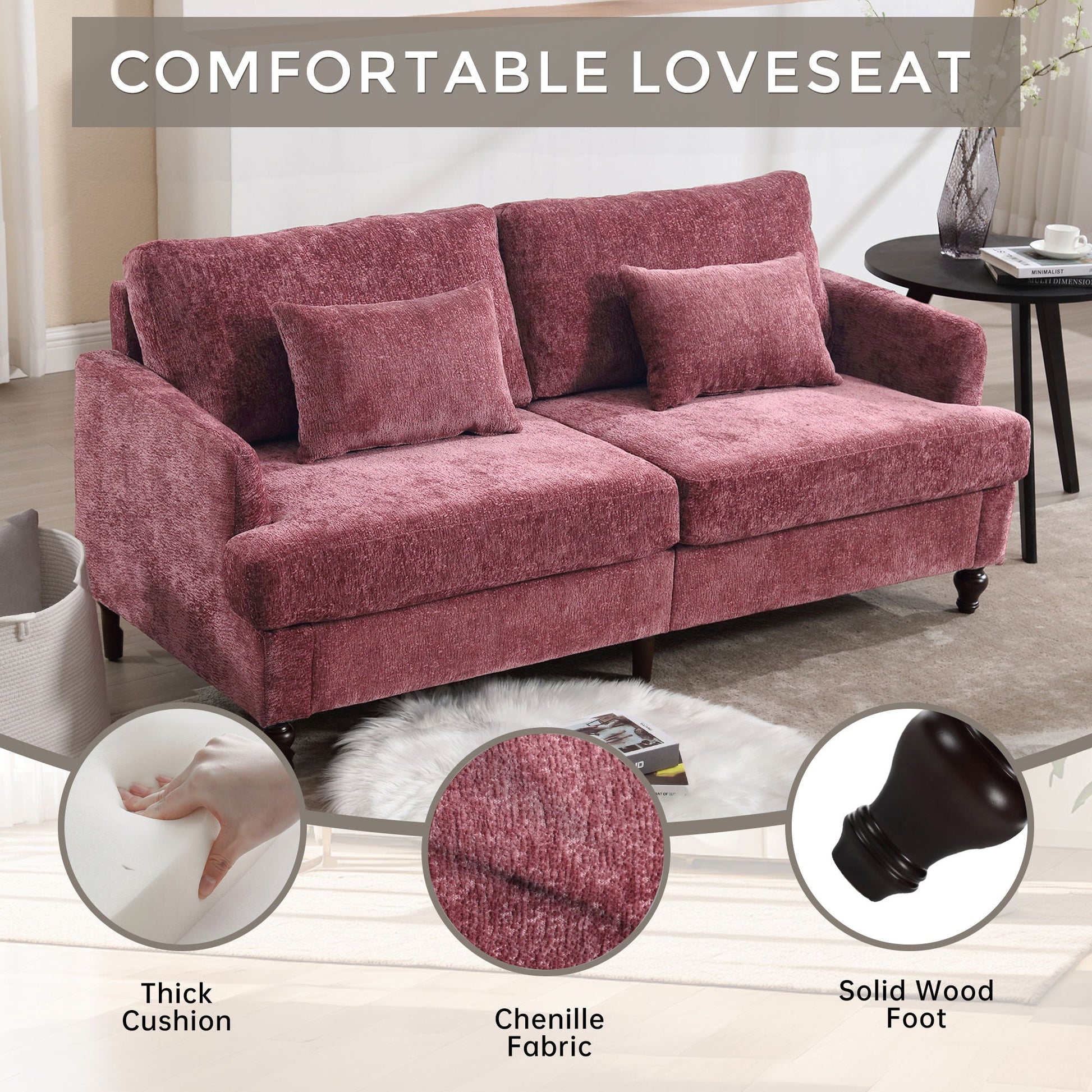 Mid Century Modern Chenille Fabric Loveseat Sofa, 2 Seat Upholstered Couch Home Essentials