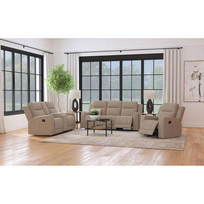 Slater - 3 Piece Upholstered Reclining Sofa Set And Built In Storage - Taupe Furniture Max