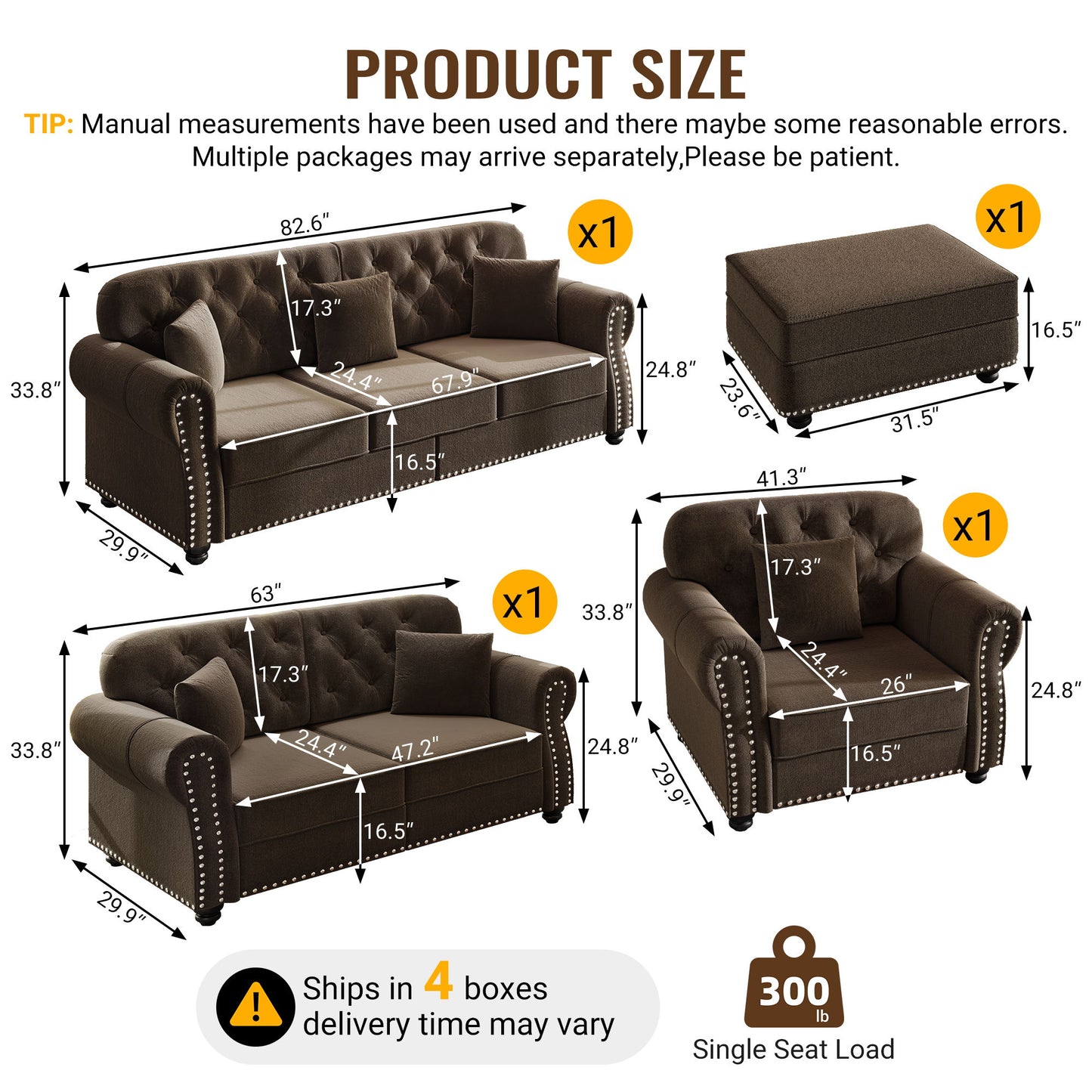 Upholstered Sofa Set With Nailhead Trim And Rolled Armrests, Includes Pillows Home Essentials