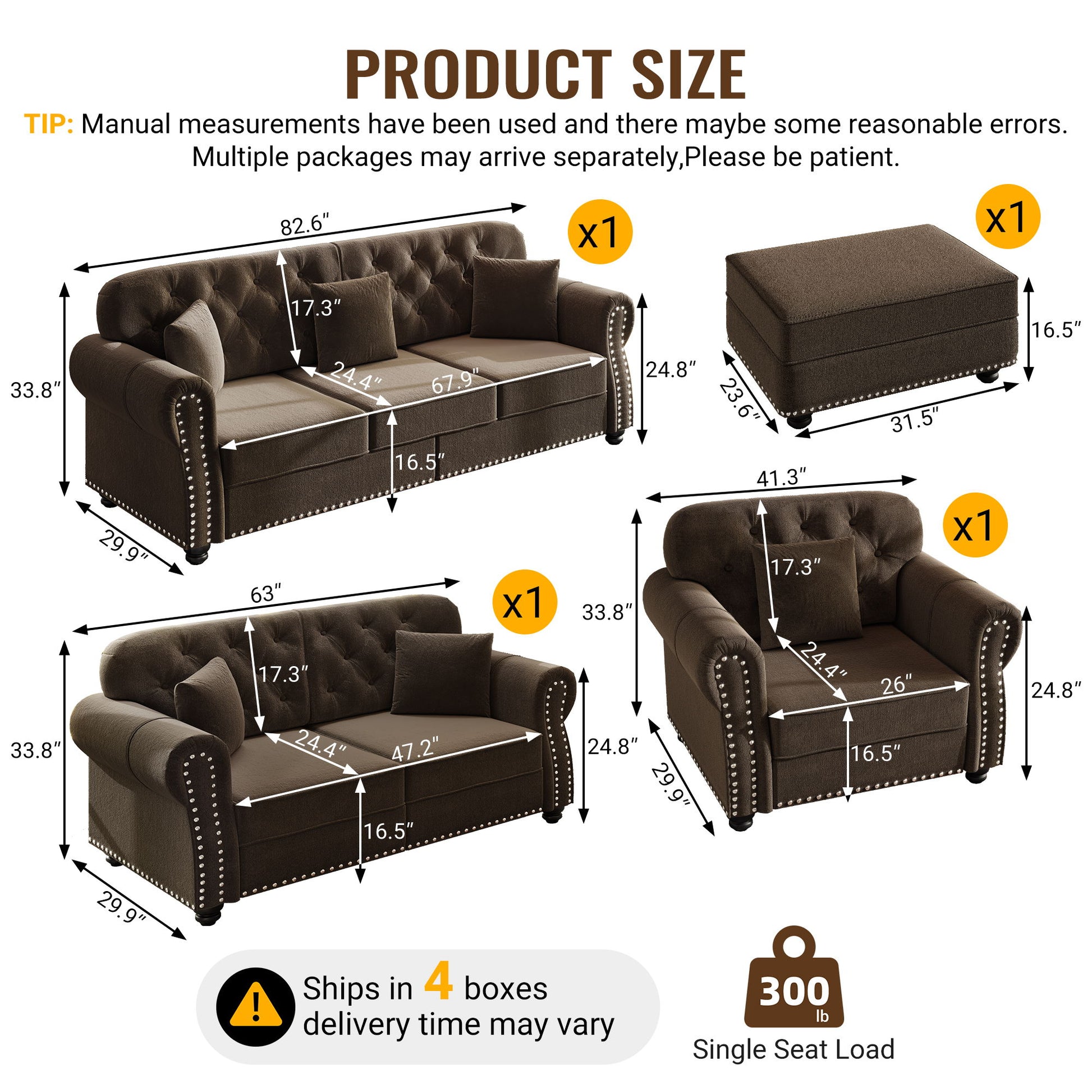 Upholstered Sofa Set With Nailhead Trim And Rolled Armrests, Includes Pillows Home Essentials