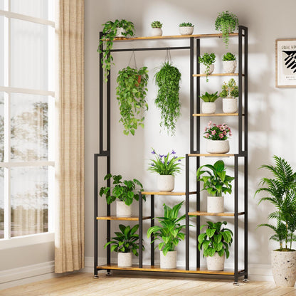 Large Plant Stand Indoor With Grow Light, Tall Plant Shelf, 8 Tiered Heavy Duty Metal Plant Stand, Square Flower Stand Display Rack For Living Room - Walnut / Black Daily Nest