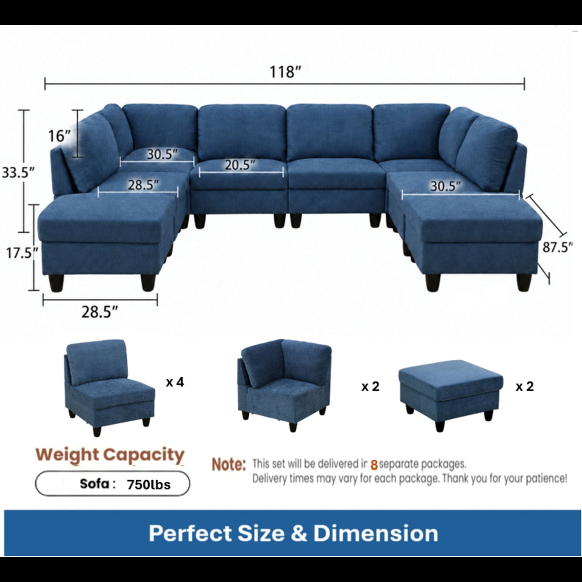 8 Piece Modular U - Shape Sectional Sofa Home Essentials