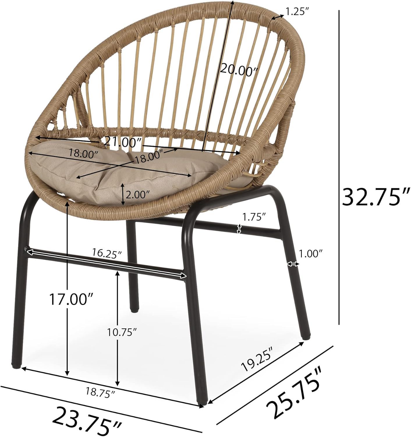 Outdoor Accent Chair With Curved Back And Basket Frame, (Set of 2) - Light Brown / Beige Noble House
