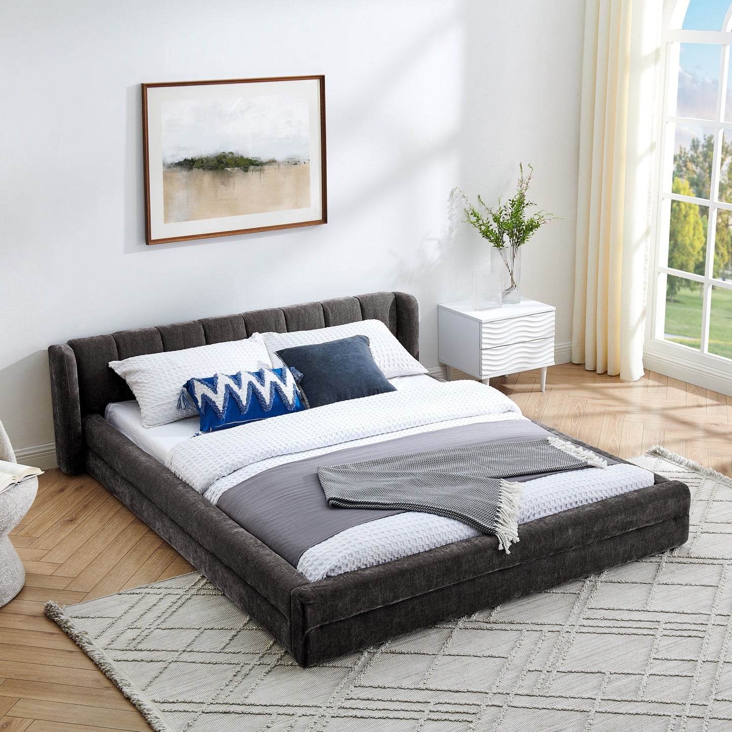 Modern Upholstered Bed Frame With Thick Chenille Fabric And Headboard Home Essentials