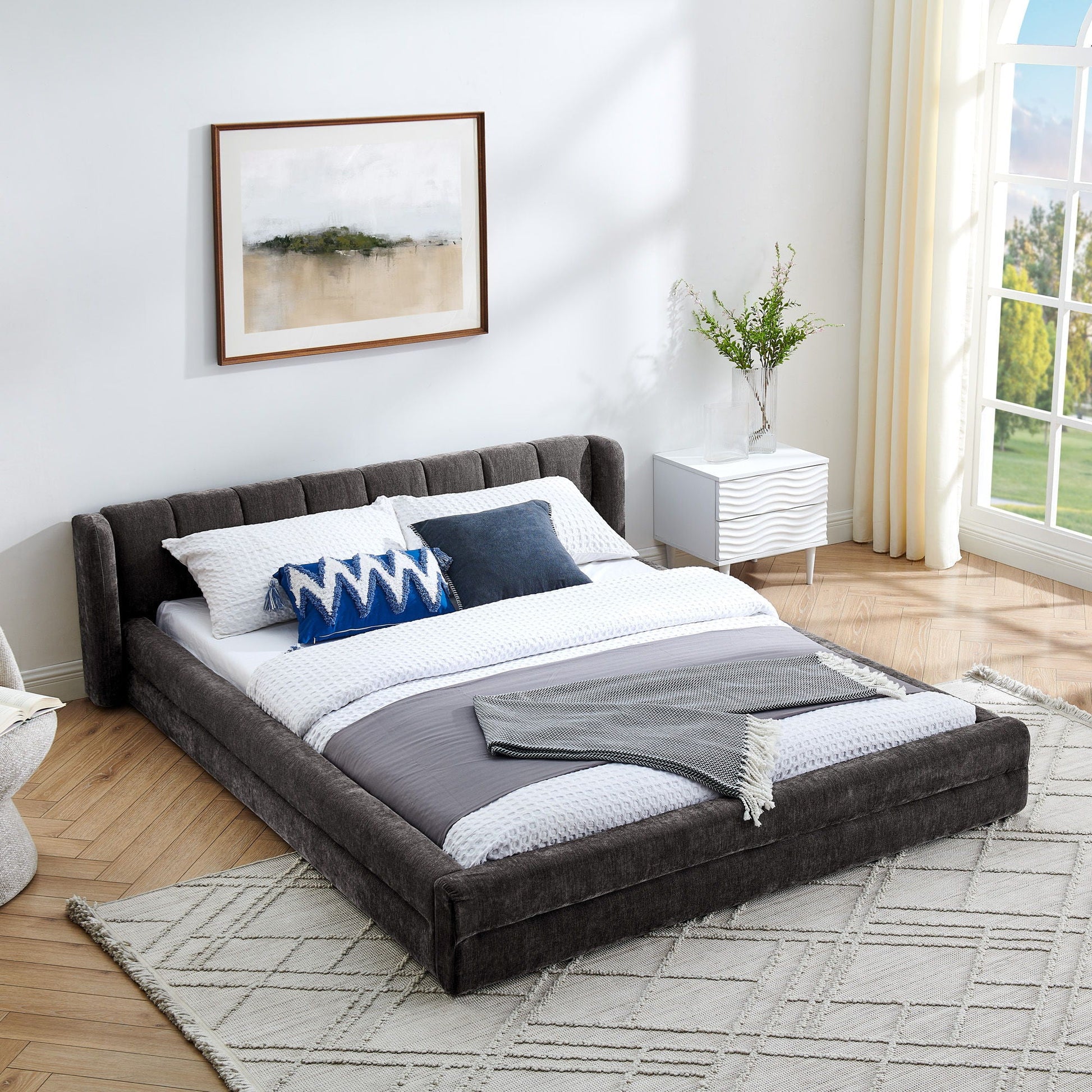 Modern Upholstered Bed Frame With Thick Chenille Fabric And Headboard Home Essentials