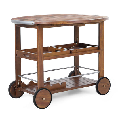 Wood And Aluminum Bar Cart With 2 Shelves - Oak / Silver Noble House