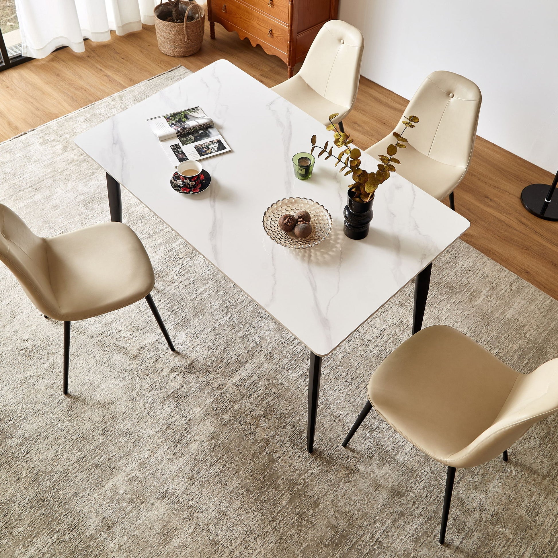 Mid Century Modern Dining Table Round White Sintered Stone Top Heavy Duty Metal Legs Waterproof Surface For Kitchen Dining Room Or Office Furniture - White / Black Home Essentials
