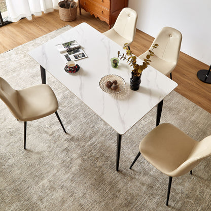 Mid Century Modern Dining Table Round White Sintered Stone Top Heavy Duty Metal Legs Waterproof Surface For Kitchen Dining Room Or Office Furniture - White / Black Home Essentials