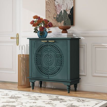 Hollow Carved 2 Door Accent Cabinet With Adjustable Shelf, Sideboard Buffet For Entryway, Living Room Or Bedroom - Blackish Green Home Essentials