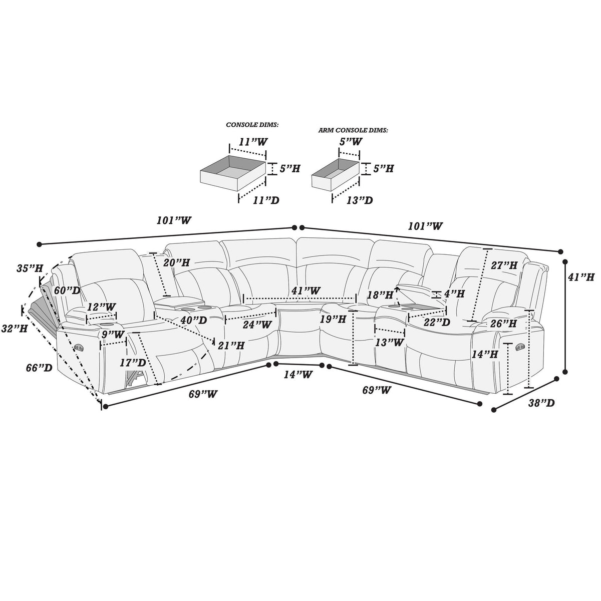Power Motion Reclining Sectional Set With Console Home Essentials