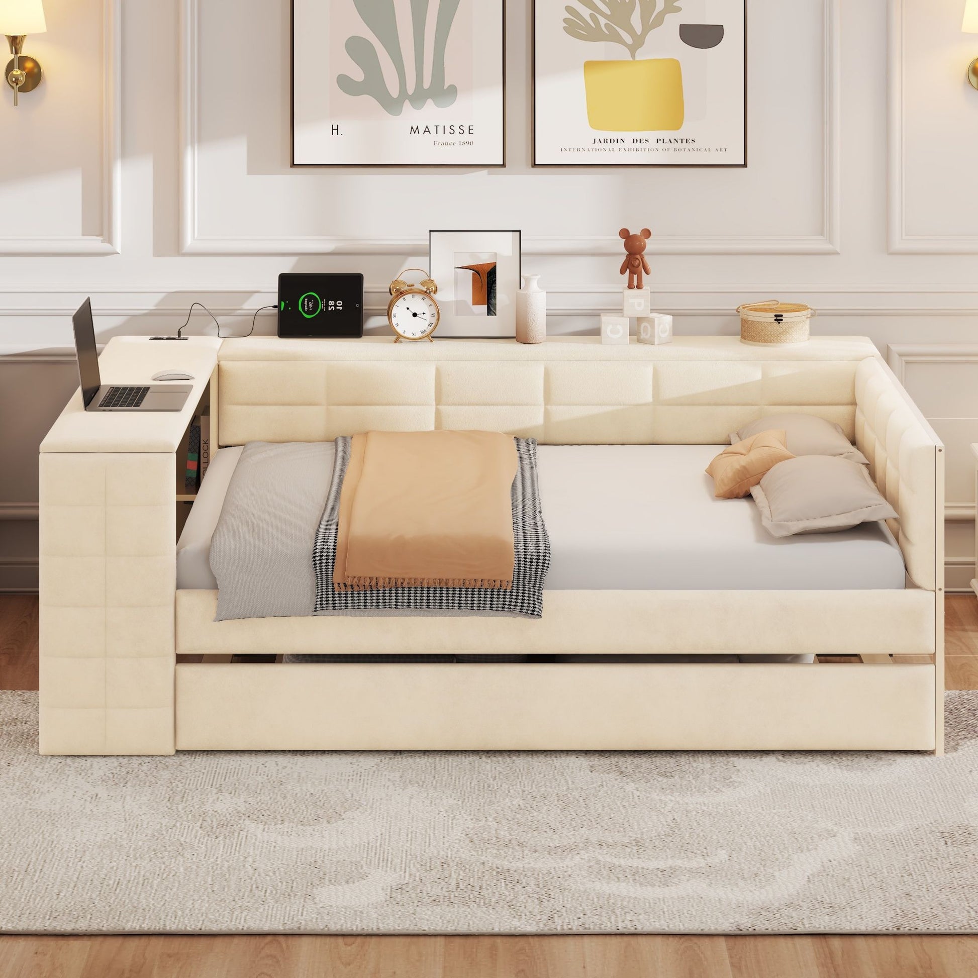 Upholstered Platform Bed With Storage Shelves, Desk, Charging Station And Trundle Hearth and Haven
