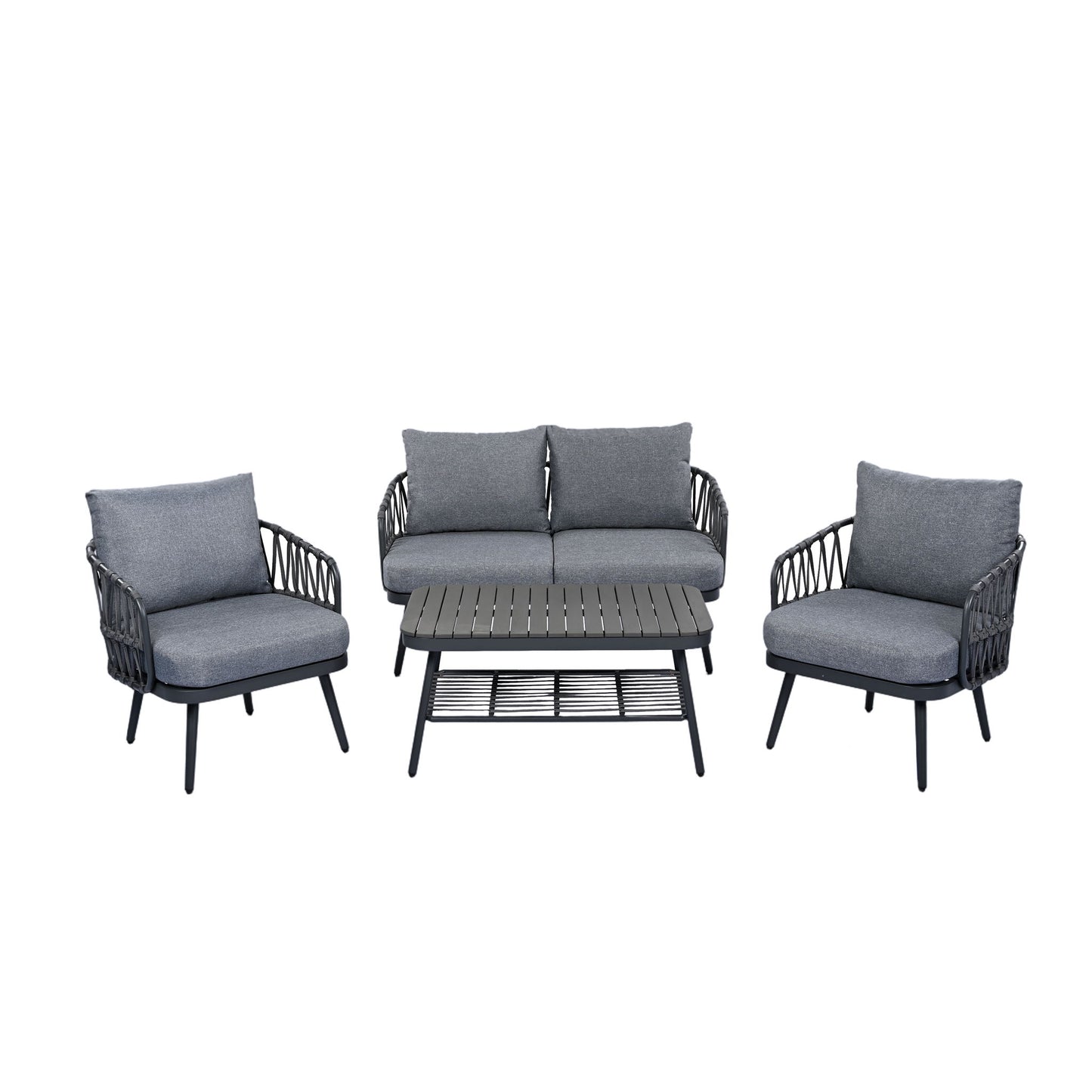4 Piece Outdoor Patio Furniture Set, Metal Chairs With Woven Rope U Shaped Backrest Noble House