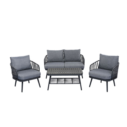 4 Piece Outdoor Patio Furniture Set, Metal Chairs With Woven Rope U Shaped Backrest Noble House