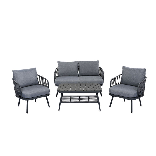 4 Piece Outdoor Patio Furniture Set, Metal Chairs With Woven Rope U Shaped Backrest Noble House