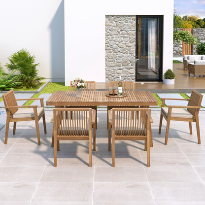 7 Piece Patio Furniture Set Acacia Wood Table And 6 Heavy Duty Cushioned Chairs Noble House