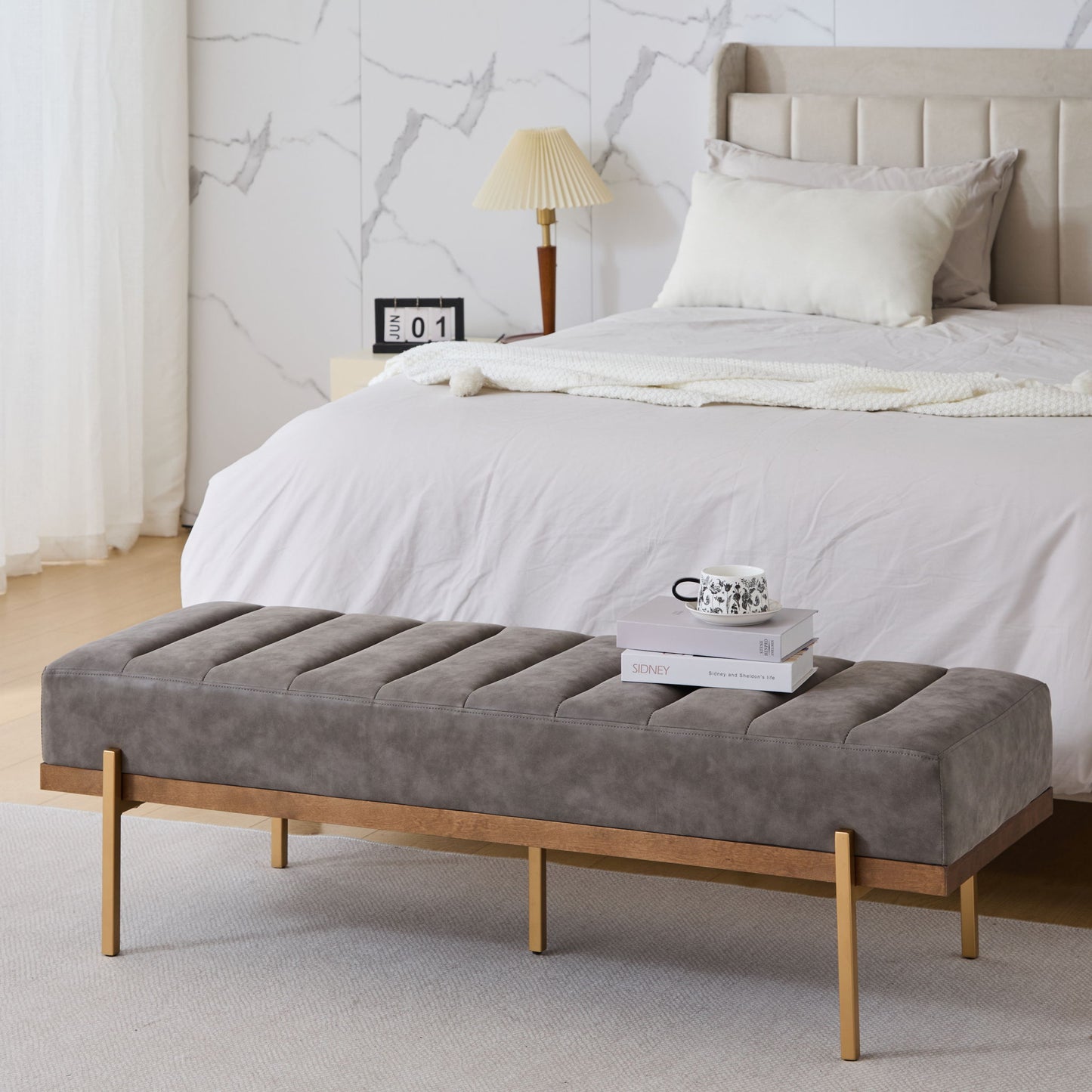Thorian - Luxury Upholstered Ottoman Bench With Channel Tufting And Metal Base - Gold / Gray Noble House
