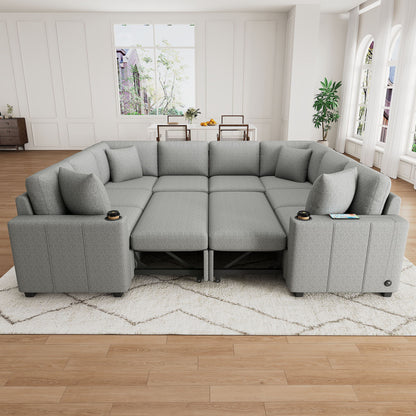 Modern U-Shaped Sectional Sofa Convertible Pull-Out Sofa Bed With USB Ports And Cup Holders Hearth and Haven