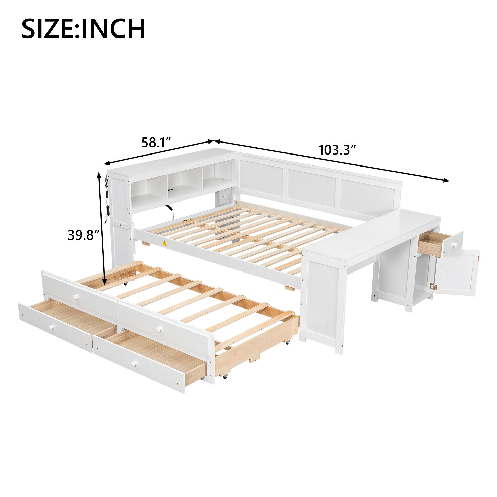 Daybed With Storage Shelves, Drawers, Trundle, Charging Station, LED Light, Desk And Cabinet Hearth and Haven