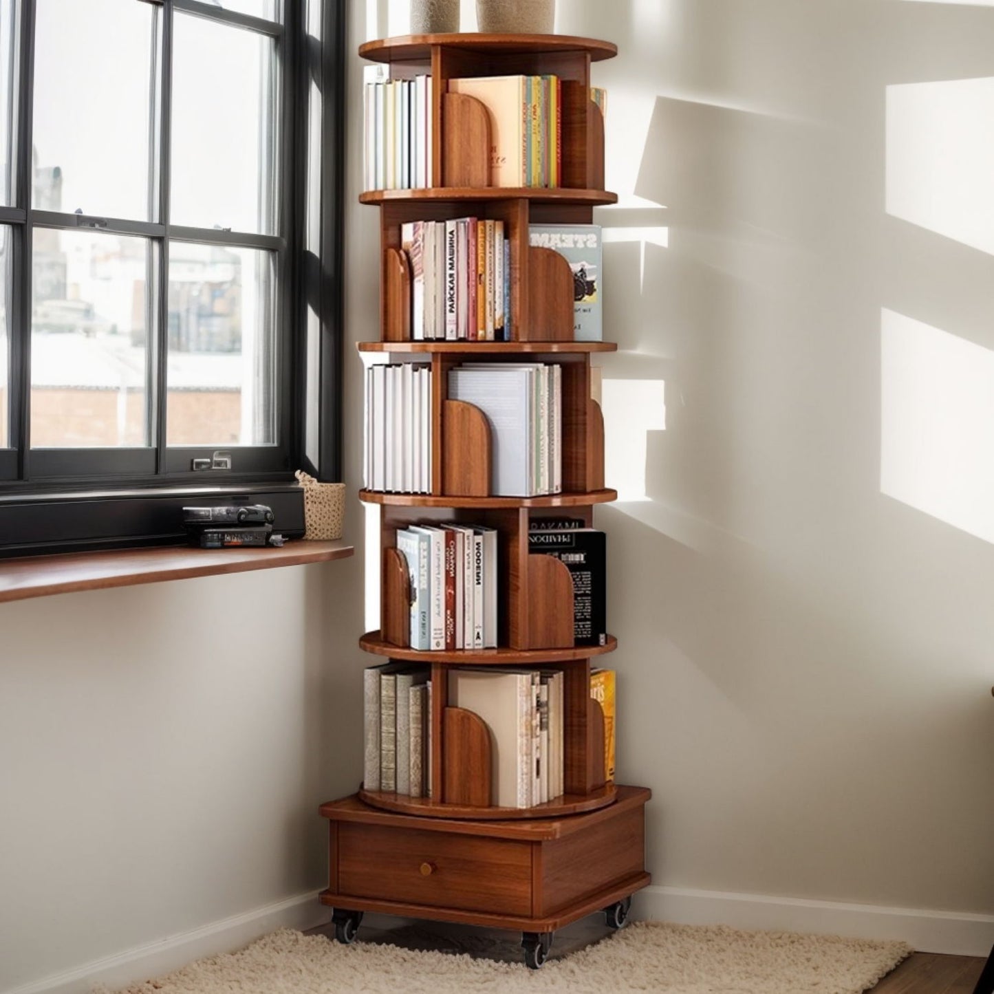 6 Tier Rotating Bookshelf With Wheels, 360° Wood Corner Bookcase Organizer For Small Spaces - Walnut Brown