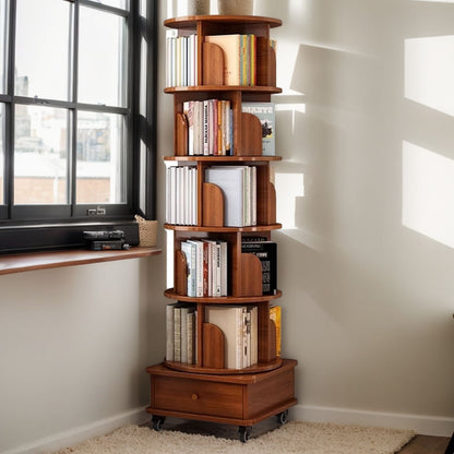6 Tier Rotating Bookshelf With Wheels, 360° Wood Corner Bookcase Organizer For Small Spaces - Walnut Brown