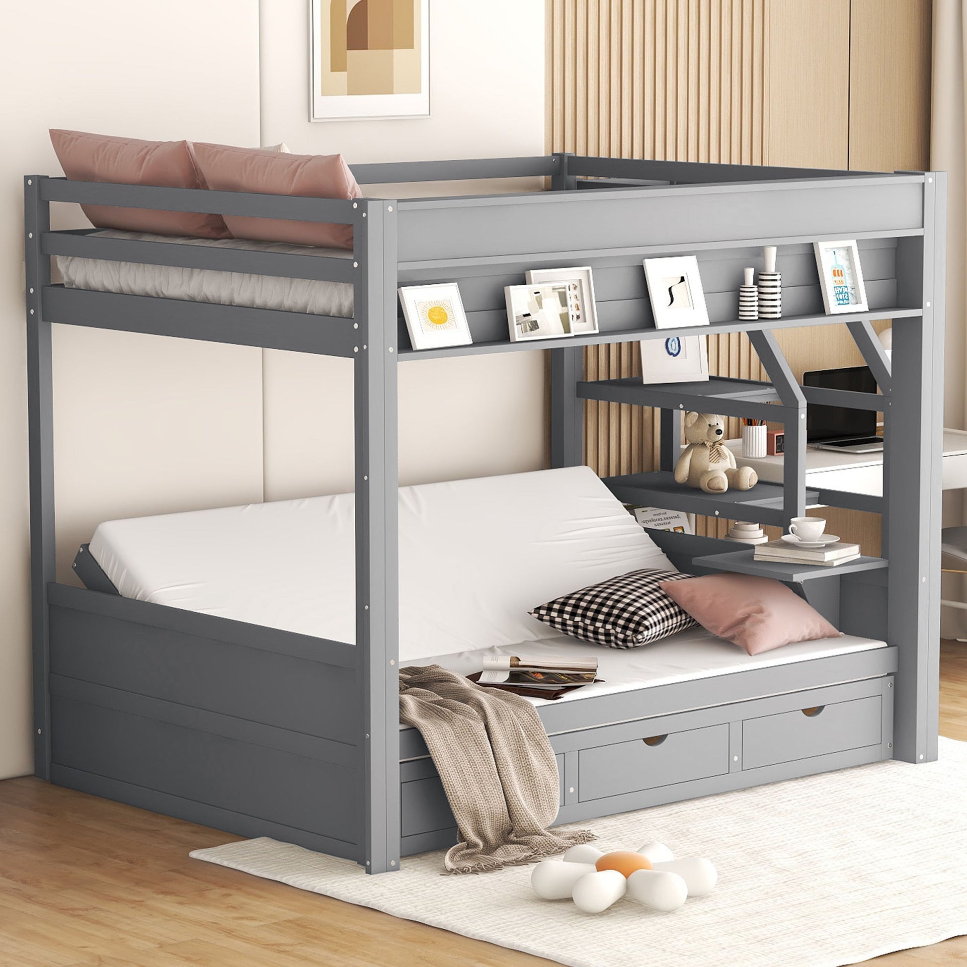 Wood Full Size Convertible Bunk Bed With Storage Staircase, Bedside Table, And 3 Drawers - Gray Hearth and Haven