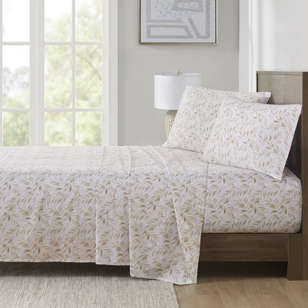 200 Thread Count Printed Cotton - Full Sheet Set - Tan Leaves