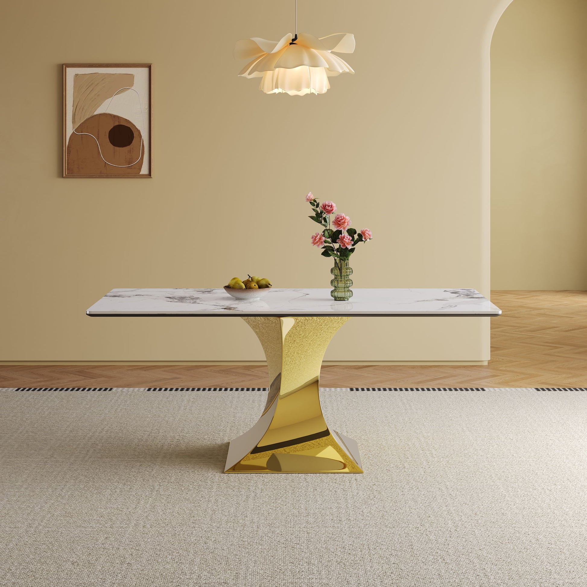 Modern Rectangular Dining Table For 6 - 8, Plated Hourglass Base Home Essentials