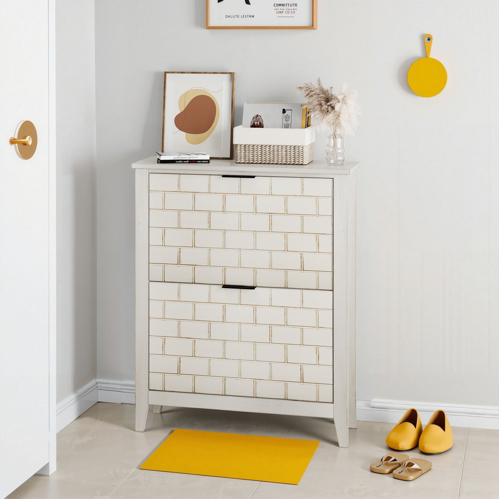 Retro Shoe Storage Cabinet, Mid Century Vintage Freestanding With 2 Flip Drawers, Suitable For Entryway - Retro White / White / Vintage Daily Nest