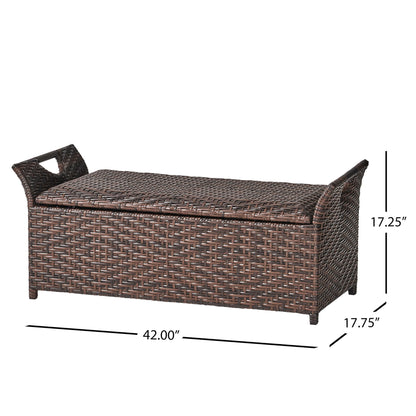 Outdoor Rattan Bench With Flair Arm And Storage - Brown Noble House