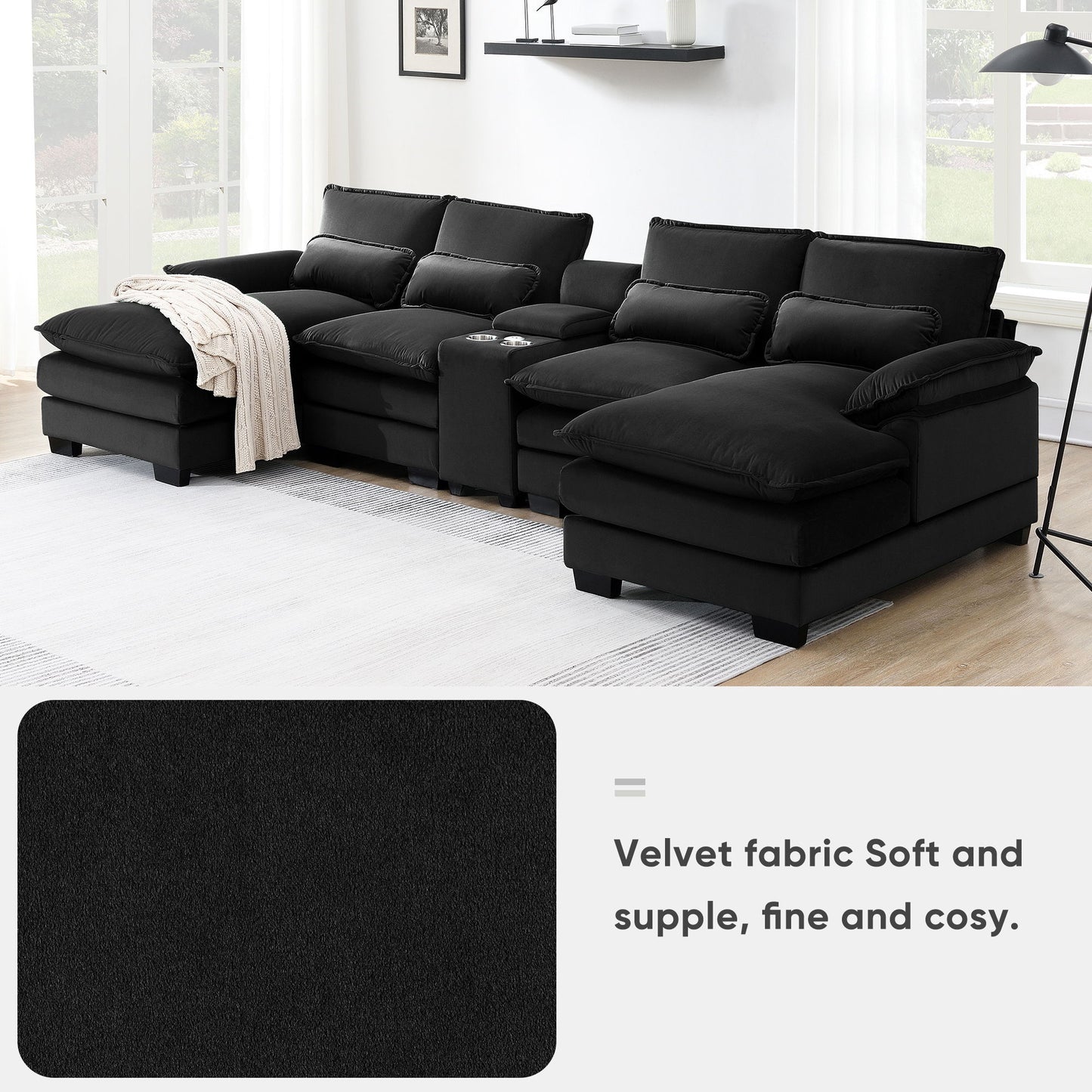 Modern U-Shaped Sofa With Console, Cupholders And USB Ports, 6 Seat Upholstered Symmetrical Indoor Furniture, Sleeper Couch Set With Chaise For Living Room