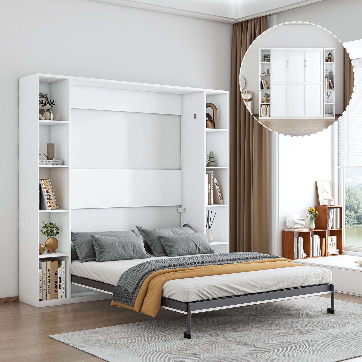 Queen Murphy Bed With Storage Cabinet - White Home Essentials