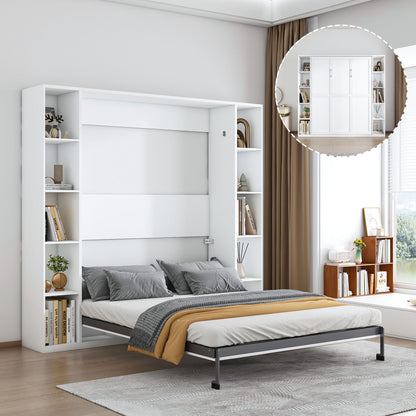 Queen Murphy Bed With Storage Cabinet - White Home Essentials