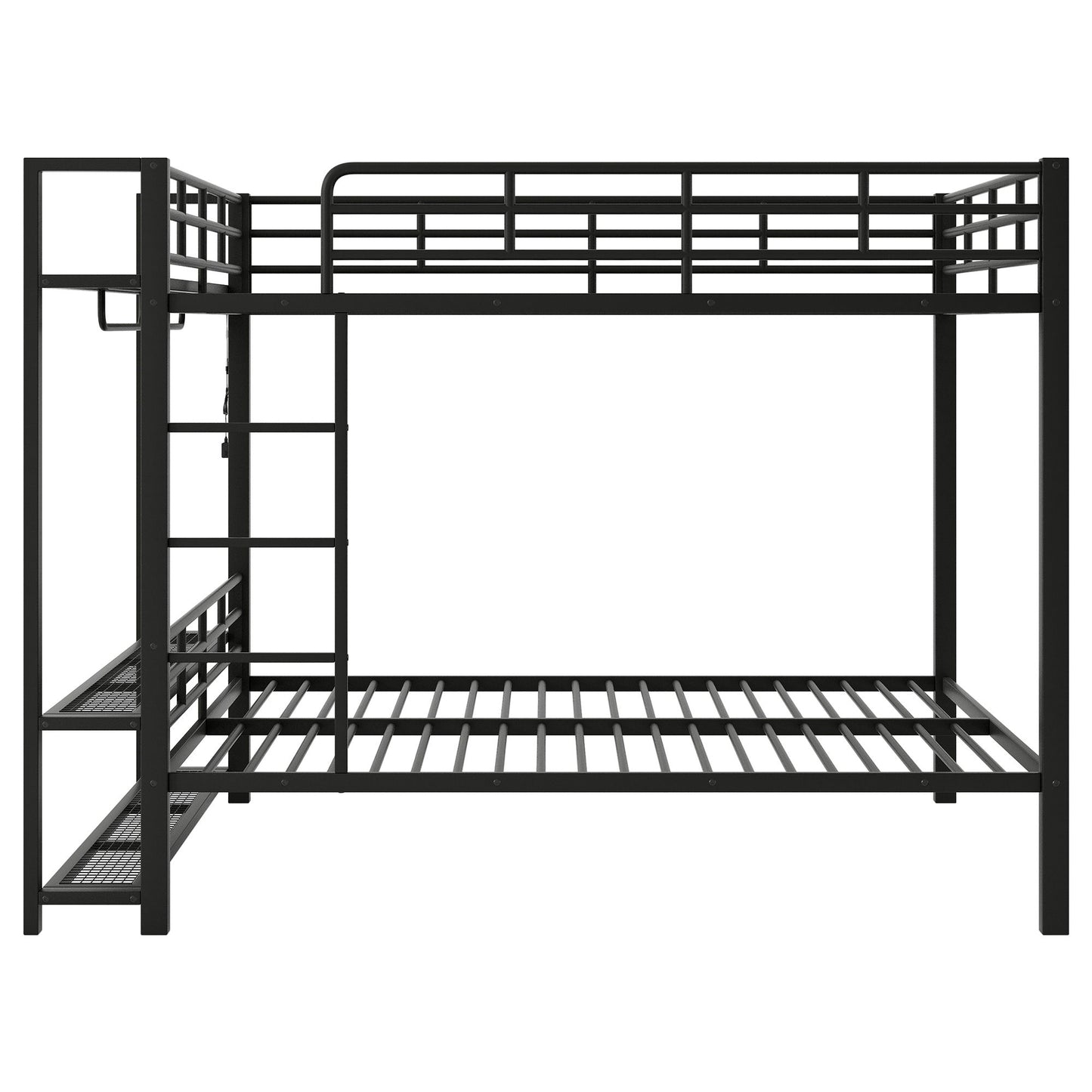 Bunk Bed With Storage Mesh Shelves, Clothes Hooks, LED Light Hearth and Haven