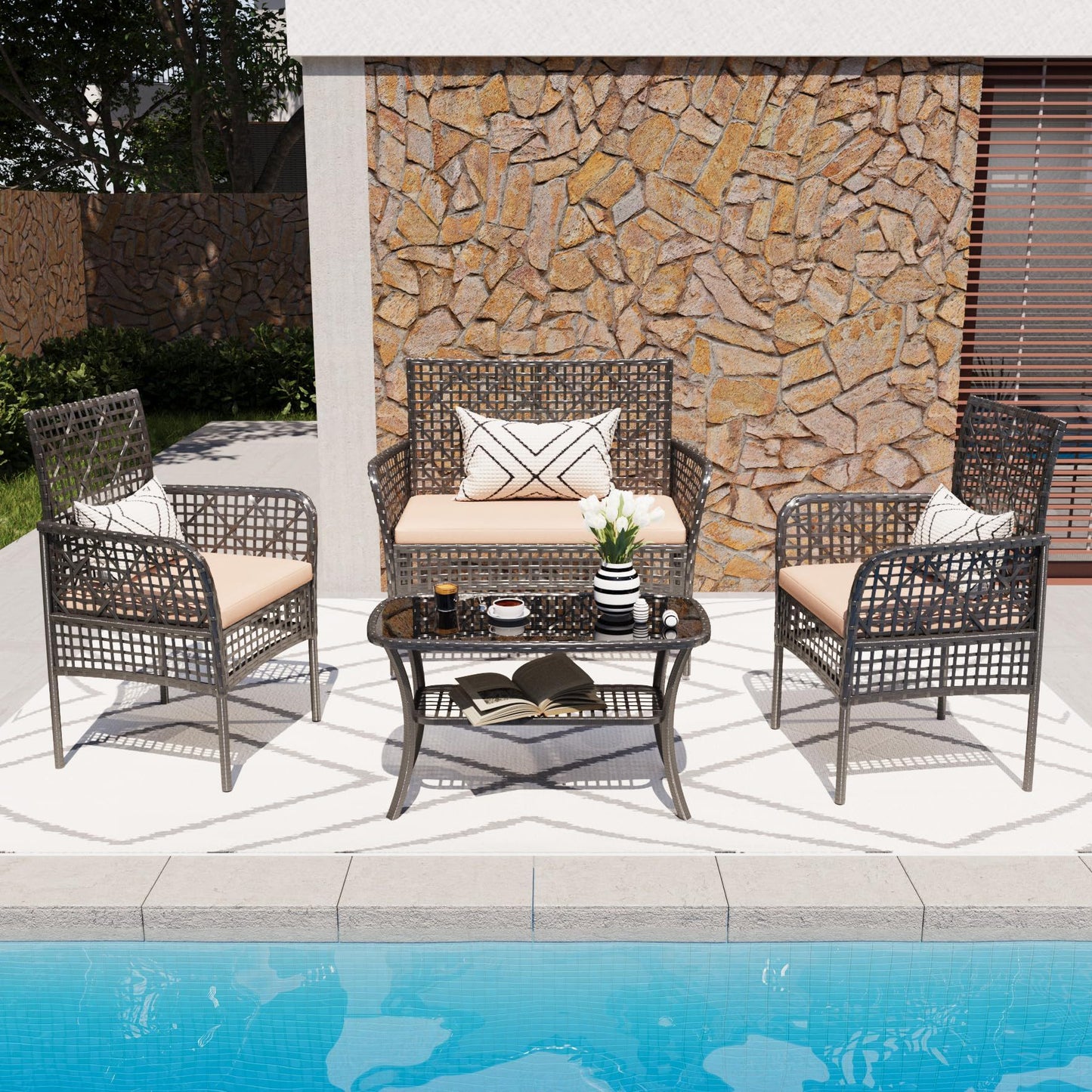 4 Pieces Rattan Wicker Chairs With Tempered Glass Table And Cushions Home Essentials