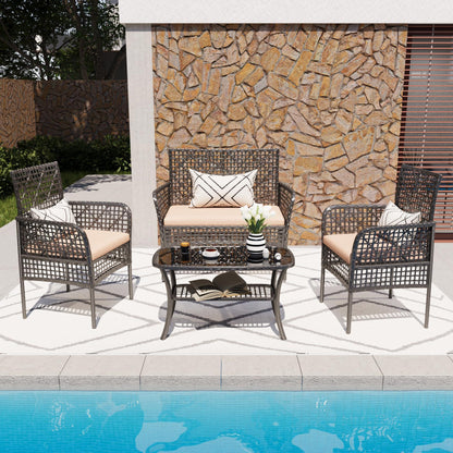 4 Pieces Rattan Wicker Chairs With Tempered Glass Table And Cushions Home Essentials