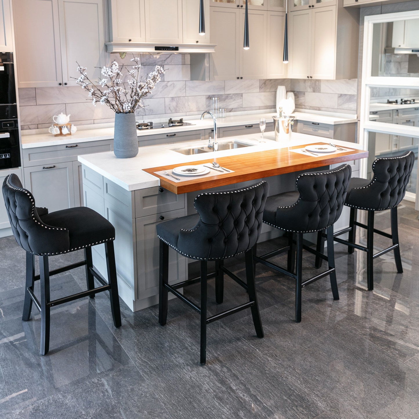 Contemporary Velvet Upholstered Wing-Back Barstools With Button Tufted Decoration And Wooden Legs, And Chrome Nailhead Trim, Leisure Style Bar Chairs, Bar Stools (Set of 4) Home Essentials