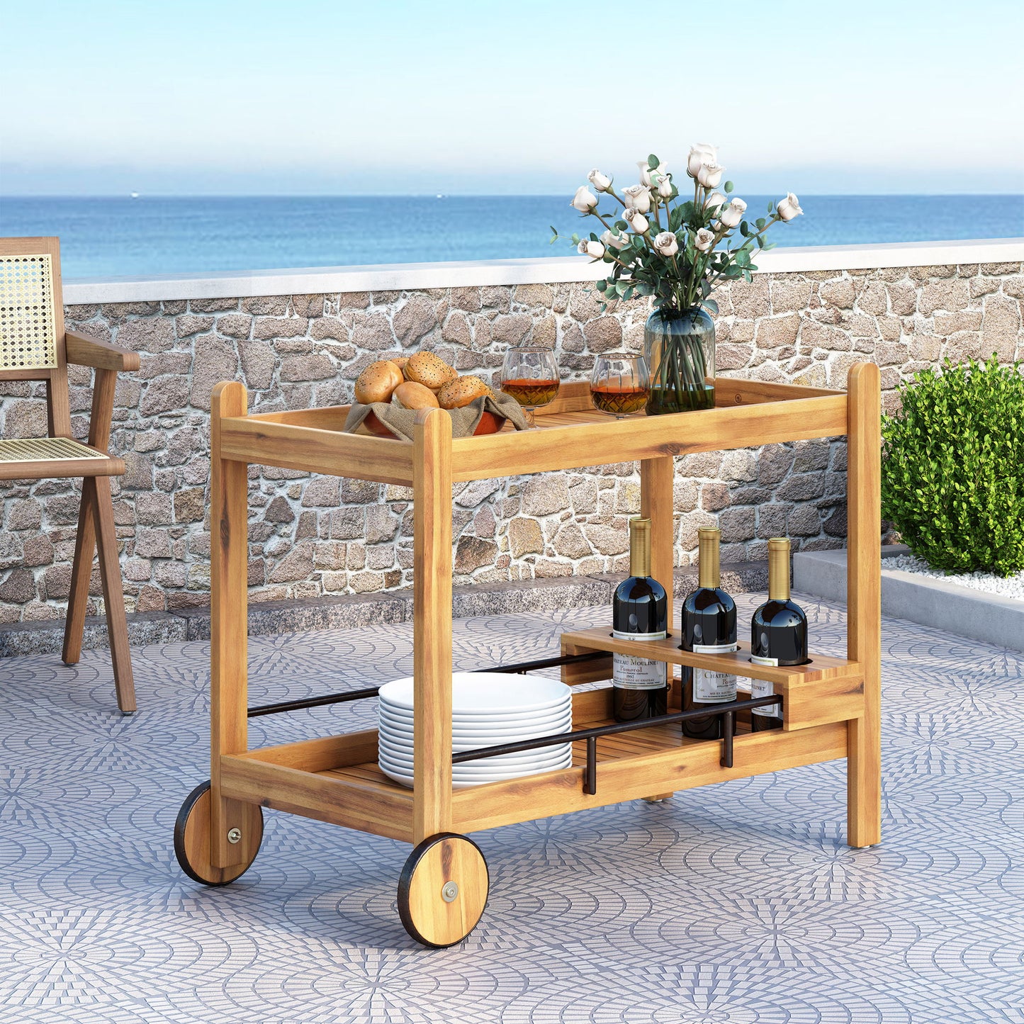 Bar Cart With Wine Bottle Holders, - Black Noble House