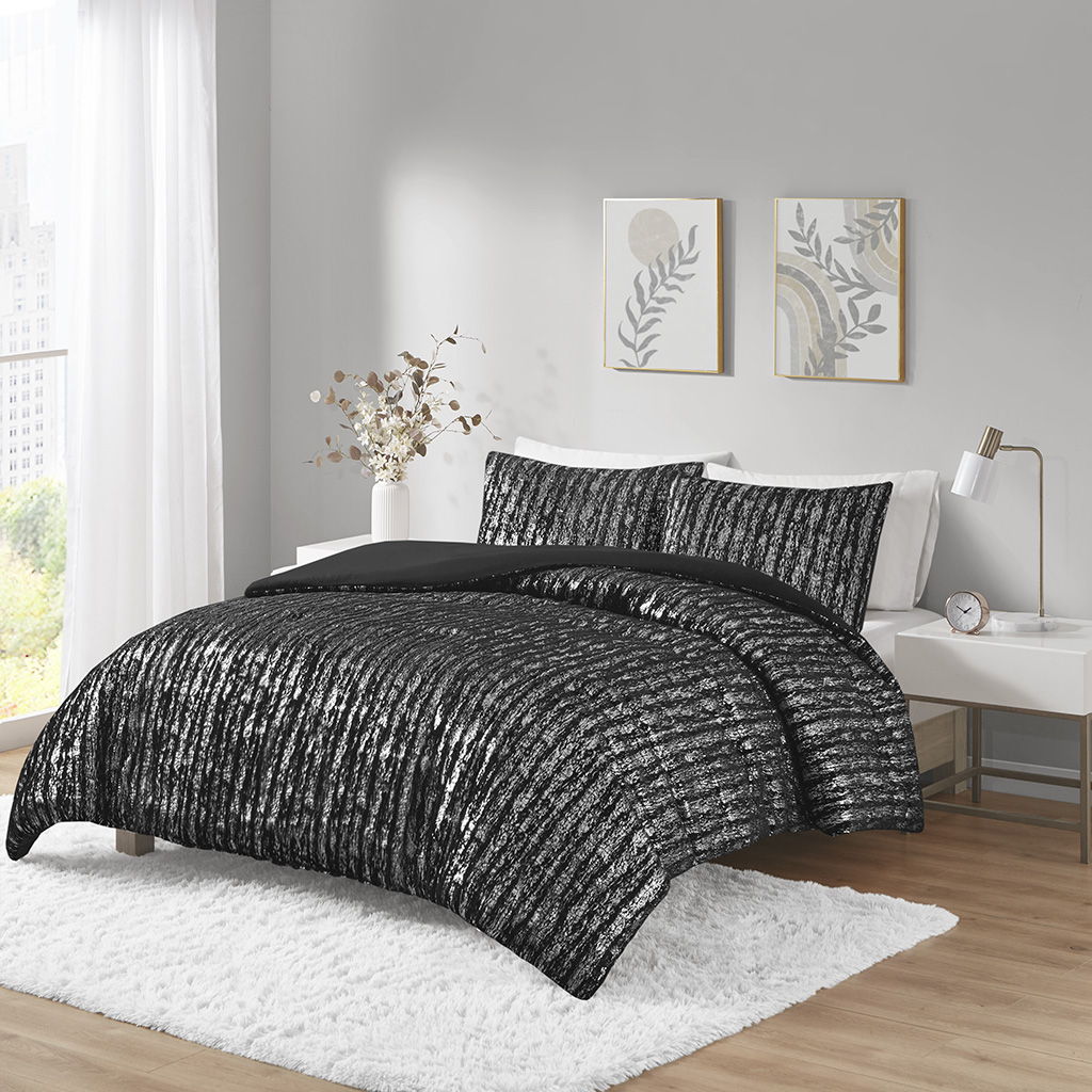 Naomi - Twin Metallic Print Faux Fur Duvet Cover Set - Black/Silver