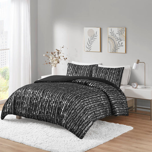 Naomi - Twin Metallic Print Faux Fur Duvet Cover Set - Black/Silver