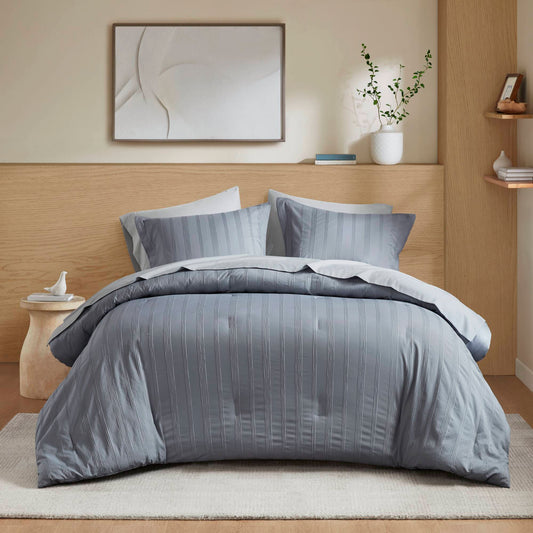 Logan - Queen Striped Comforter Set - Blue/Gray Super Listing