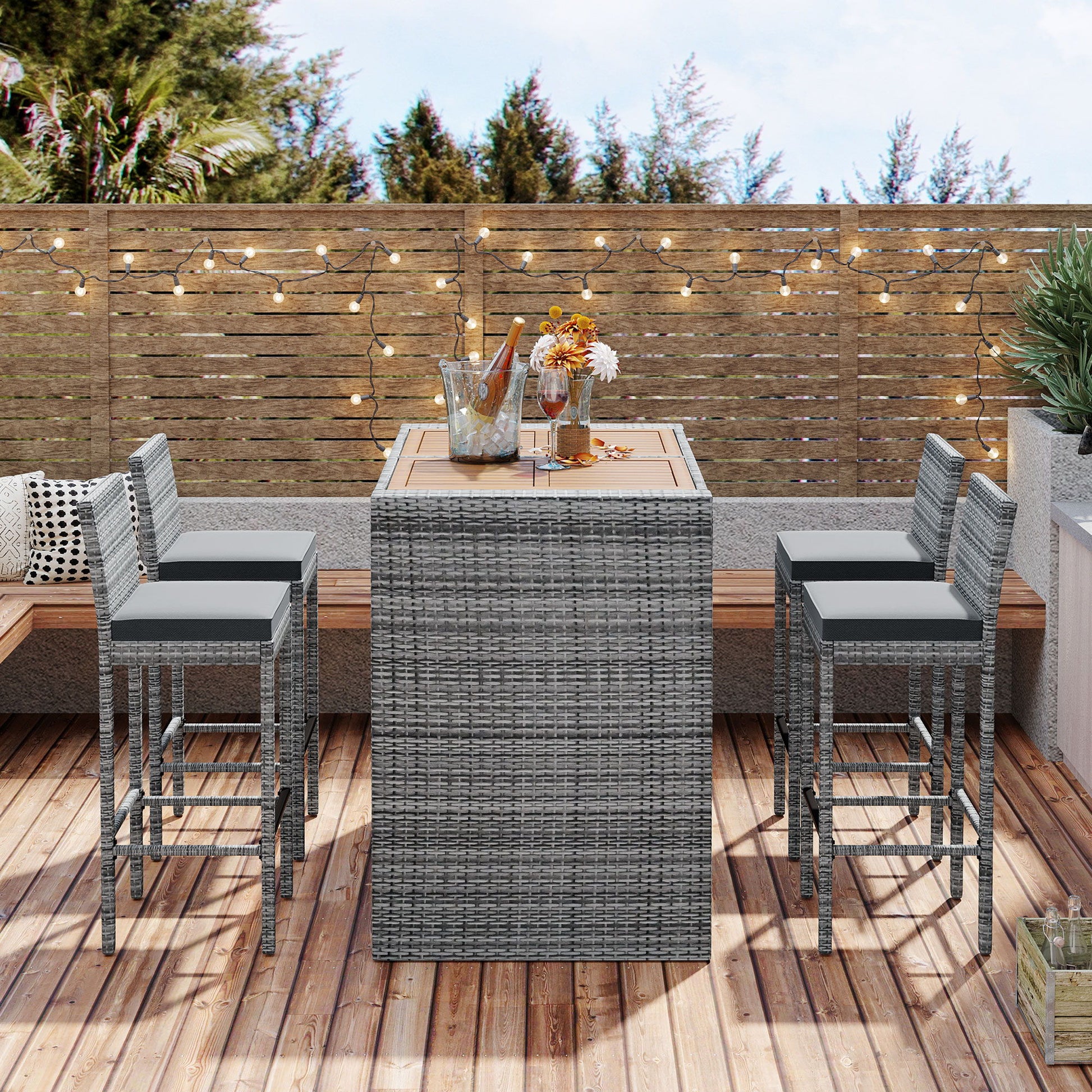 5 Pieces Outdoor Patio Wicker Bar Set, Bar Height Chairs With Non-Slip Feet And Fixed Rope, Removable Cushion, Acacia Wood Table Top - Brown / Gray Hearth and Haven