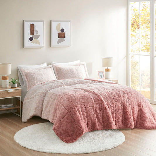 Brielle - Twin Ombre Shaggy Long Comforter Mini Set - Blush Intelligent Design