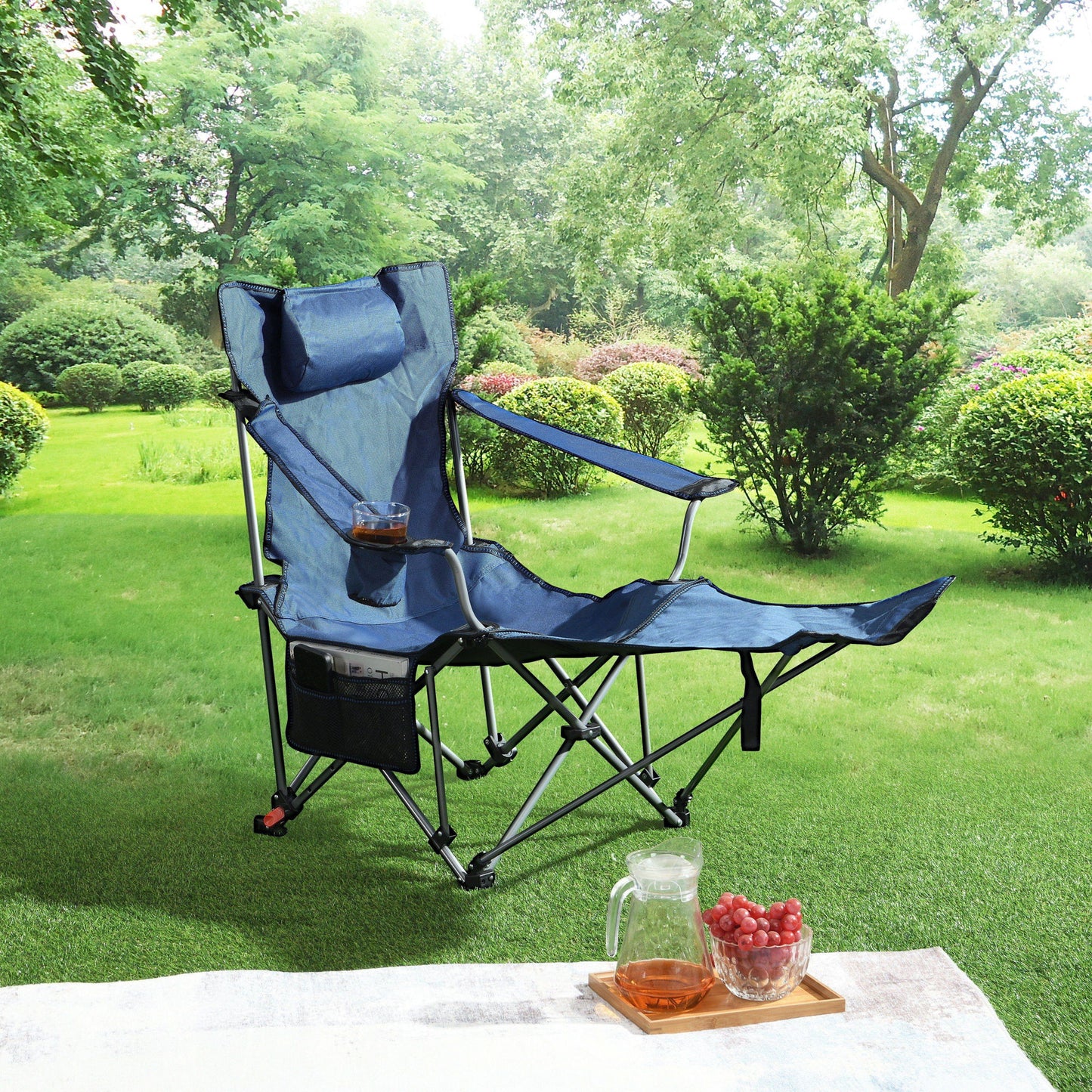 Outdoor Camping Chairs Folding Portable Adjustable Reclining Chair With Side Pockets & Cup Holder - Dark Blue Home Essentials