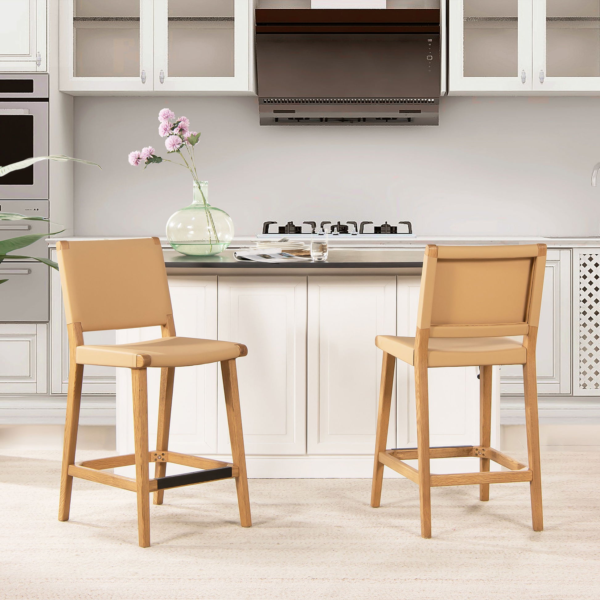 Pierre - Farmhouse Saddle Kitchen Island Counter Stool With Back - Sunkissed Beige Leather / Natural Jennifer Taylor Home