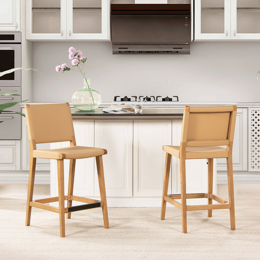 Pierre - Farmhouse Saddle Kitchen Island Counter Stool With Back - Sunkissed Beige Leather / Natural Jennifer Taylor Home