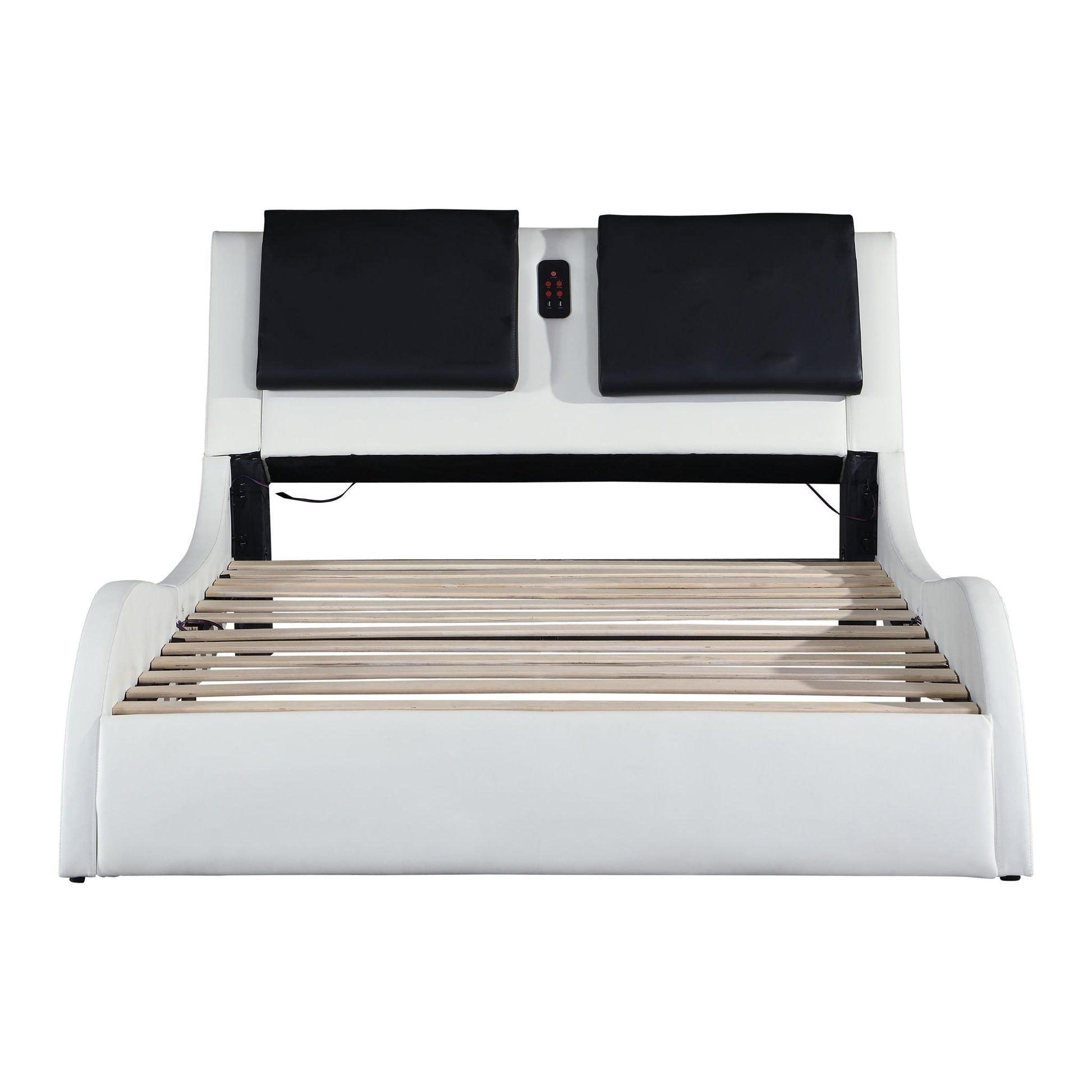 Upholstered Platform Bed Frame With LED Lighting, Bluetooth Connection To Play Music Control, Backrest Vibration Massage, Curve Design, Wood Slat Support, Exhibited Speakers Home Essentials