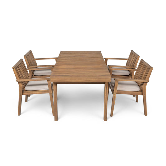 5 Piece Patio Furniture Set Acacia Wood Table And 4 Heavy Duty Cushioned Chairs Noble House