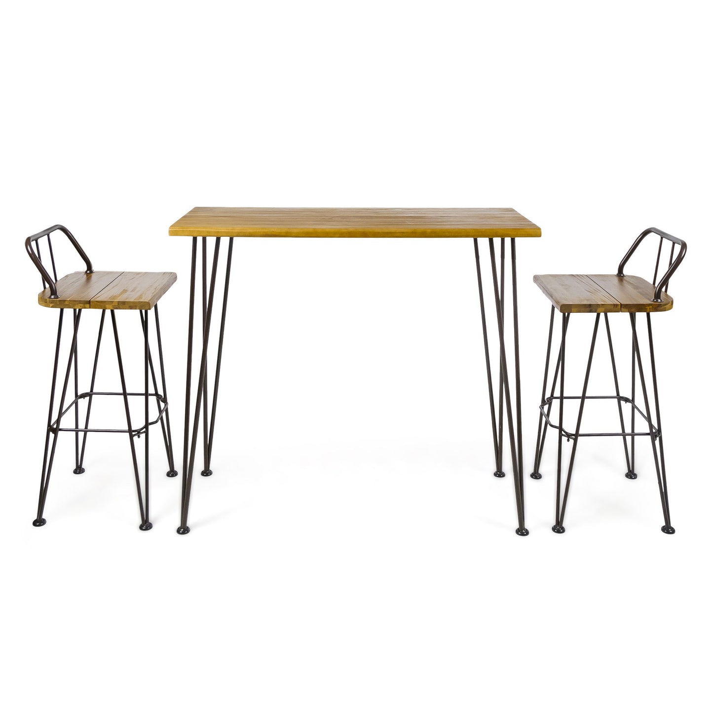 Dione Outdoor Industrial Acacia Wood Bar Set With Metal Frame And Slat Paneling - Brown Noble House