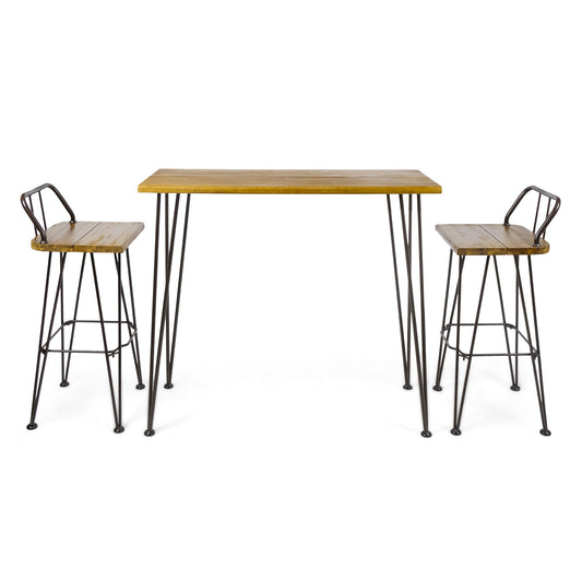 Dione Outdoor Industrial Acacia Wood Bar Set With Metal Frame And Slat Paneling - Brown Noble House